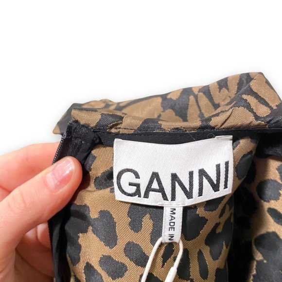 NWT Ganni Jacquard Puff Sleeve Leopard Animal Print Satin Mini Dress Size 2 - Picture 6 of 8